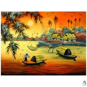 La campagne du Vietnam - Tableau Bois Laqué Peint et Coquille d’Œuf 30x40cm (Réf. S63-0310)