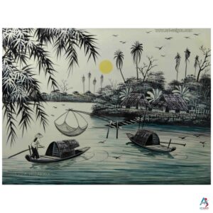 La campagne du Vietnam - Tableau Bois Laqué Peint et Coquille d’Œuf 30x40cm (Réf. S63-0316)