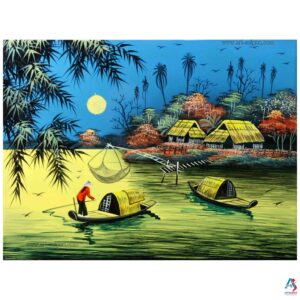 La campagne du Vietnam - Tableau Bois Laqué Peint et Coquille d’Œuf 30x40cm (Réf. S63-0323)