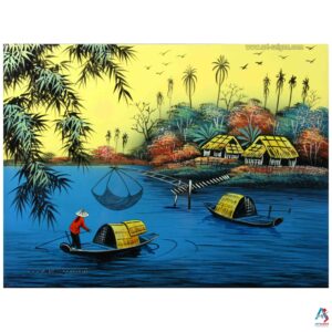 La campagne du Vietnam - Tableau Bois Laqué Peint et Coquille d’Œuf 30x40cm (Réf. S63-0331)
