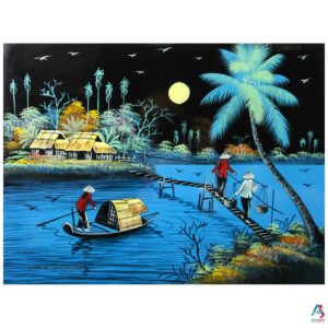La campagne du Vietnam - Tableau Bois Laqué Peint et Coquille d’Œuf 30x40cm (Réf. S63-0338)