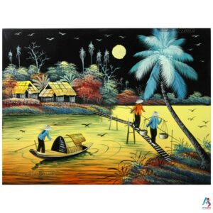 La campagne du Vietnam - Tableau Bois Laqué Peint et Coquille d’Œuf 30x40cm (Réf. S63-0345)