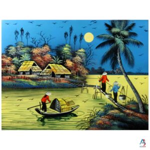 La campagne du Vietnam - Tableau Bois Laqué Peint et Coquille d’Œuf 30x40cm (Réf. S63-0353)