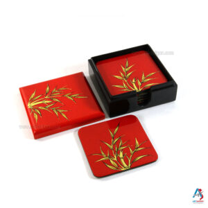 Boite de 6 Sous-Verres en Bois Laqué Rouge - Motif Bambou (Réf. S64-0686)