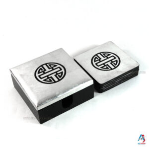 Boite de 6 Sous-Verres en Bois Laqué Argenté - Symbole de la Longévité (Réf. S64-0772)