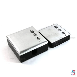 Boite de 6 Sous-Verres en Bois Laqué Argenté - Motif Écriture Chinoise (Réf. S64-0792)